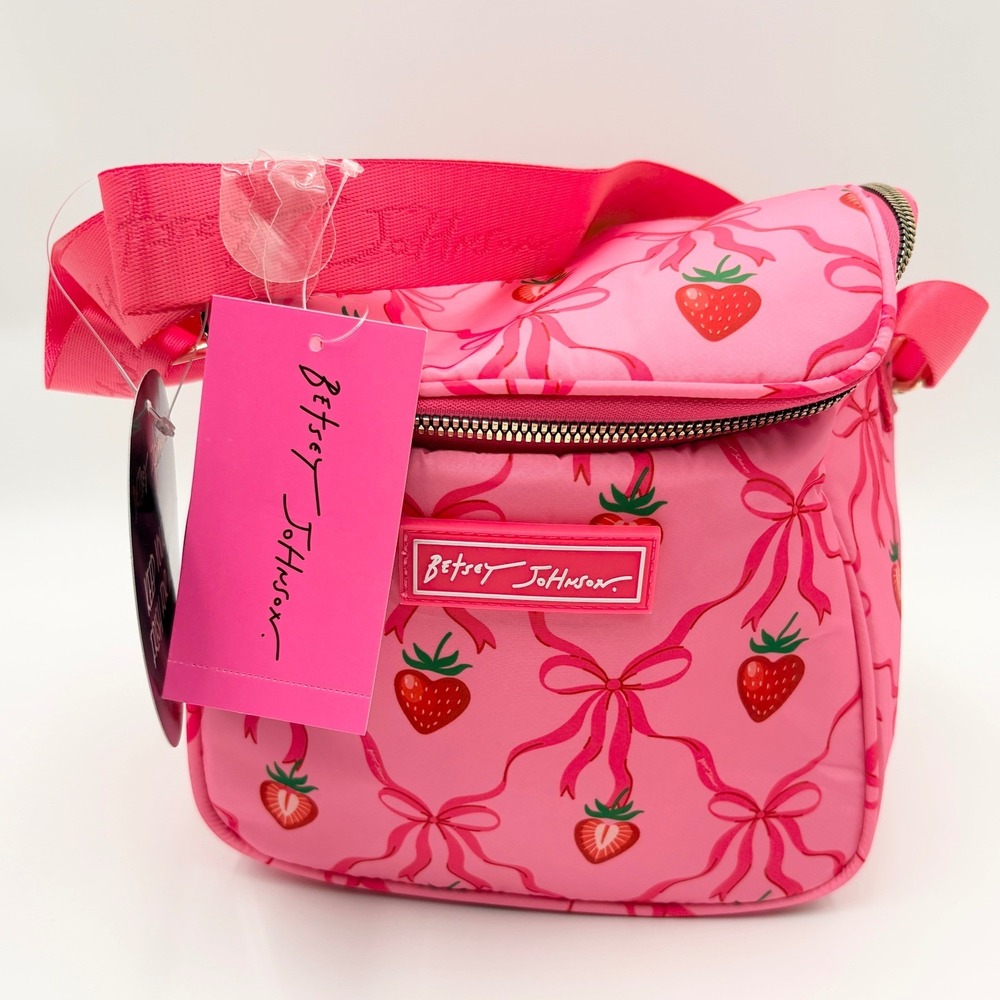 Betsey Johnson Pink Strawberry Bow Insulated Lunch Tote Crossbody Bag New